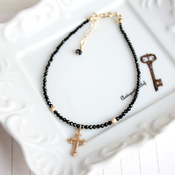 【送料無料】 　K14GF（ゴールドフィルド）ブラックスピネルブレスレット　B-722