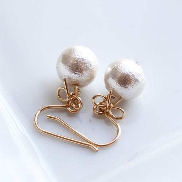 [免運費] K14GF（鍍金）迷你緞帶棉質珍珠耳環 [日本製造] 第2張的照片