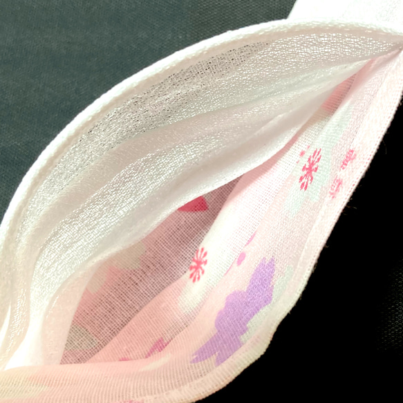 手作りマスク　プリーツマスク　ポケット付き　ノーズワイヤー入り　桜透かしの柄　ピンク　オーガンジー 5枚目の画像
