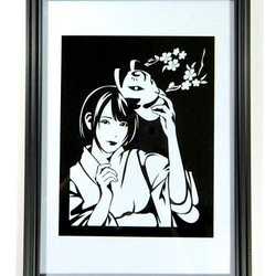 切り絵アート キツネお面と着物の少女 額付き A4サイズ 切り絵