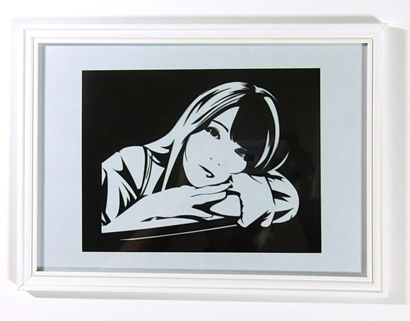 【お得】 切り絵アート 見つめる少女 額付き A4サイズ 切り絵 リボンヌ 切り絵