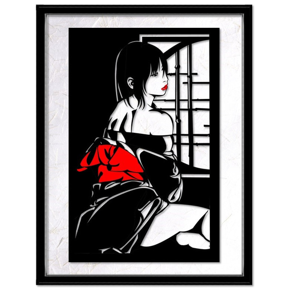 切り絵アート はだける着物少女 額付き A4サイズ 切り絵 リボンヌ 通販