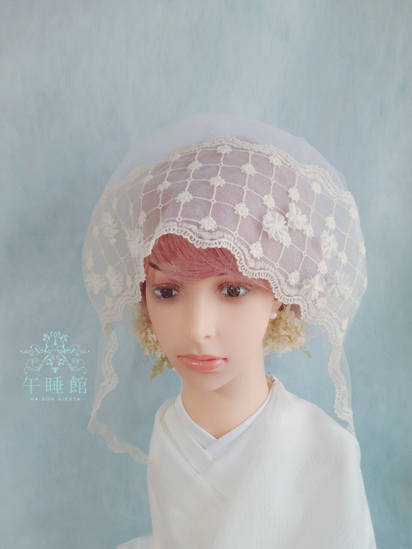 ヴィンテージ風レースの綿帽子(洋髪用) 2枚目の画像