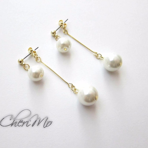 8mm&1cmのダブルパールピアス☆ ＋150円～イヤリング変更可能 ピアス 