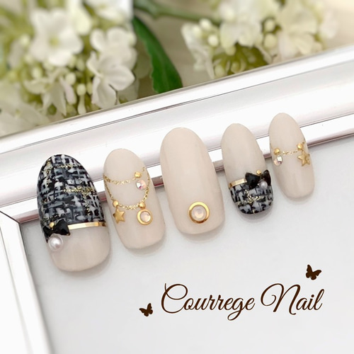 黒ベースのキュートなツイードネイルチップ No.53 ネイルチップ