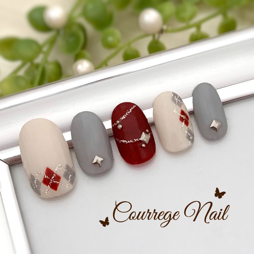 ボルドーのアーガイルネイルチップ No.69 ネイルチップ（つけ爪