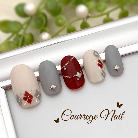 ボルドーのアーガイルネイルチップ No.69 ネイルチップ（つけ爪