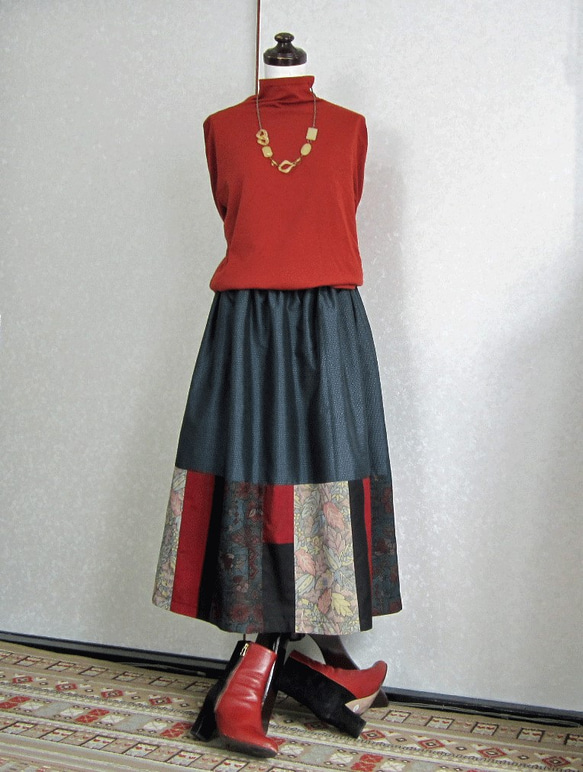 着物リメイク♪4種類の大島紬で裾パッチスカート（裏地付き）丈７７ｃｍ 5枚目の画像