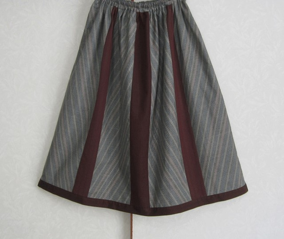 着物リメイク♪大島紬（５マルキ）とストライプコラボスカート（裏地付き） 2枚目の画像