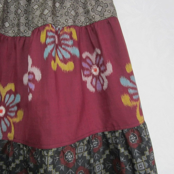 着物リメイク♪大島紬と銘仙のおしゃれな３段ティアードスカート（裏地付き） 3枚目の画像