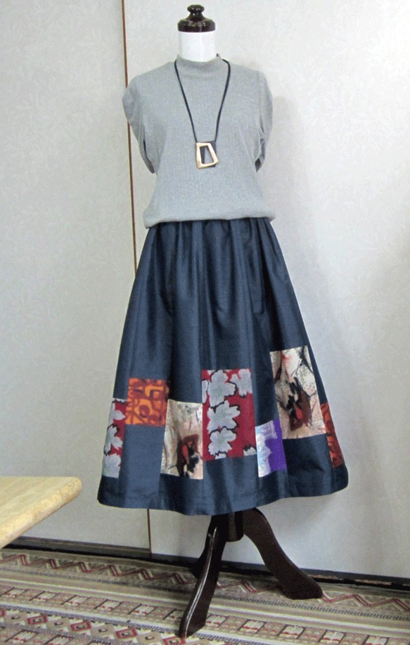 着物リメイク♪大島紬と色々銘仙パッチスカート（裏地付き） 5枚目の画像