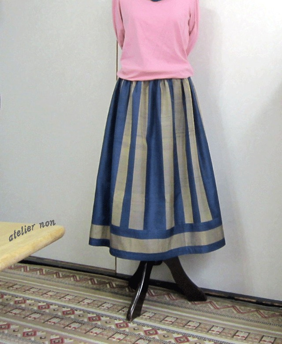 着物リメイク♪ストライプ柄の紬で大人スカート　丈７５ｃｍ（裏地付き） 1枚目の画像