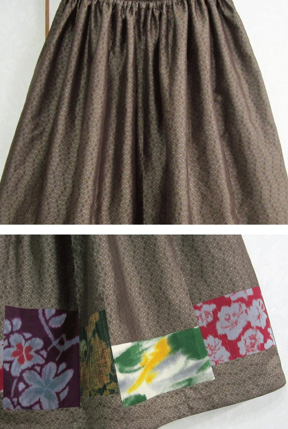 着物リメイク♪大島紬と銘仙のシックなパッチスカート　丈７５ｃｍ（裏地付き） 3枚目の画像