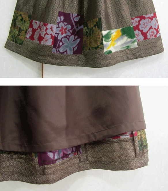 着物リメイク♪大島紬と銘仙のシックなパッチスカート　丈７５ｃｍ（裏地付き） 4枚目の画像