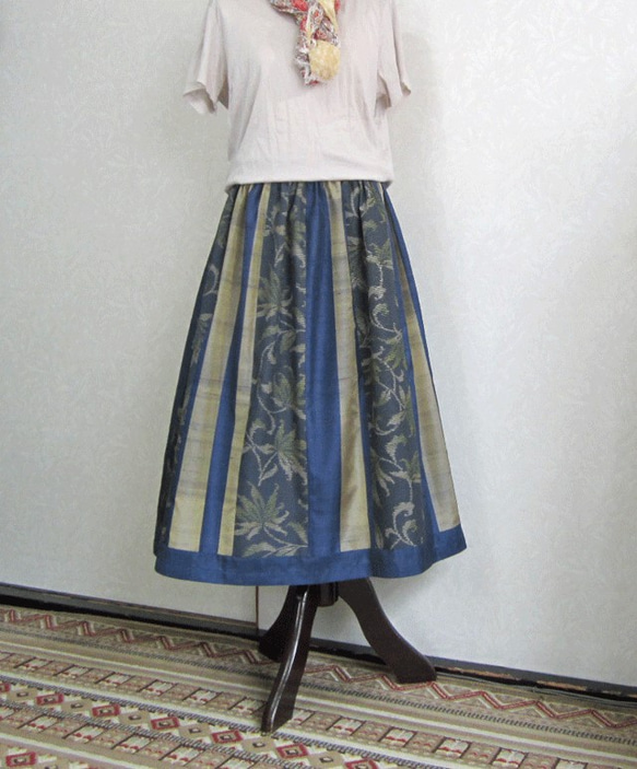 着物リメイク♪2着のブルー系紬で作ったさわやかスカート 丈75cm 