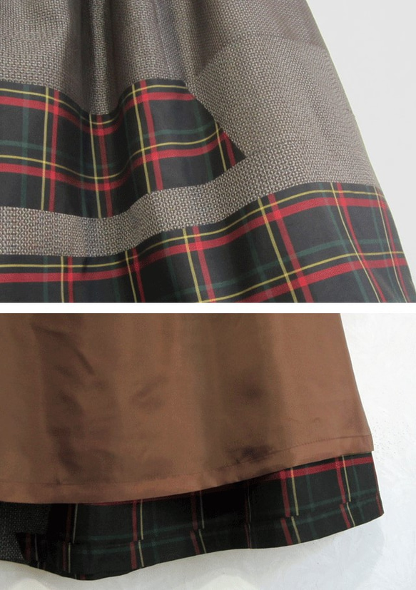 着物リメイク♪丈７５ｃｍ：チェック柄と泥大島紬をパッチしたスカート（裏地付き） 4枚目の画像