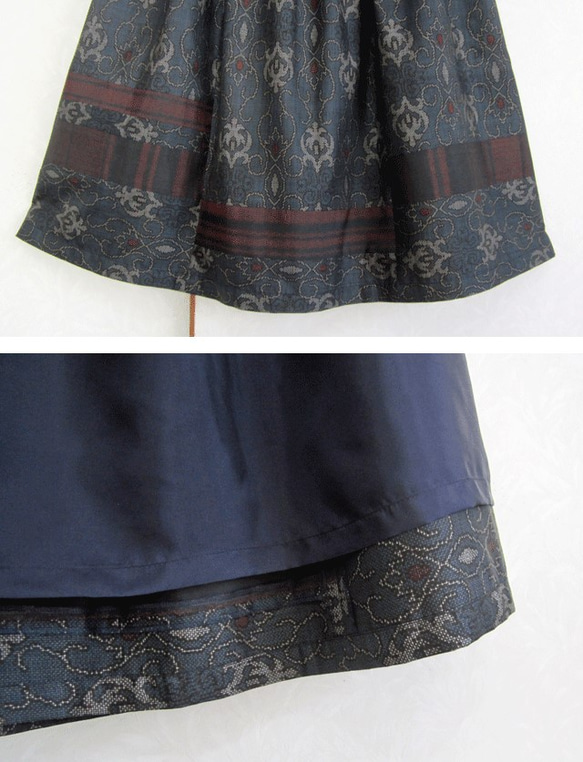 着物リメイク♪上質（5マルキ）泥大島紬と縞柄のコラボスカート：丈７６ｃｍ（裏地付き） 4枚目の画像
