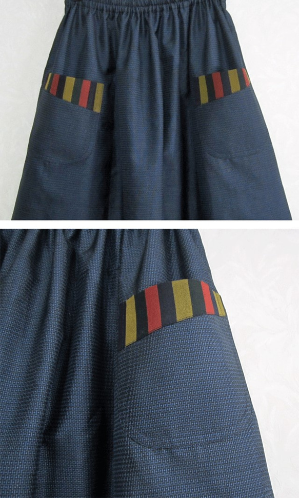 着物リメイク♪大島紬４種（亀甲・ストライプ・ドット・チェック）でモダンなスカート：丈７８ｃｍ（裏地付き 3枚目の画像