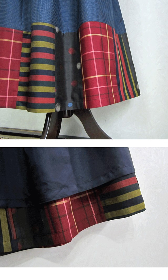 着物リメイク♪大島紬４種（亀甲・ストライプ・ドット・チェック）でモダンなスカート：丈７８ｃｍ（裏地付き 4枚目の画像