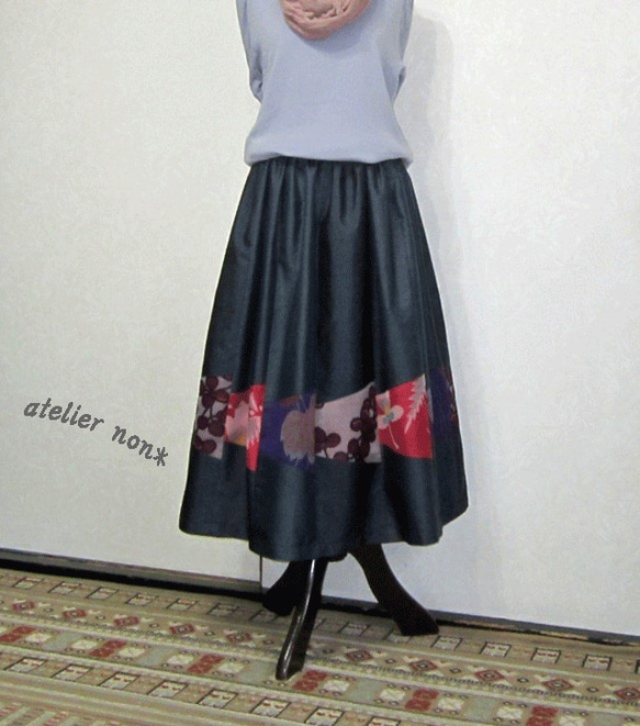 着物リメイク♪泥大島紬と銘仙のパッチスカート（裏地付き）：丈７７ｃｍ（再出品） 1枚目の画像