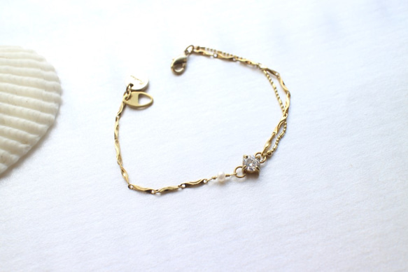 圓舞曲-珍珠 鋯石 黃銅手鍊 第1張的照片