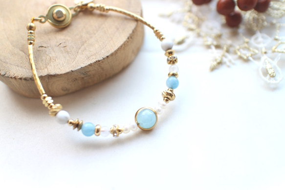 海藍情書-海藍寶 月光石 珍珠 黃銅手環 第4張的照片