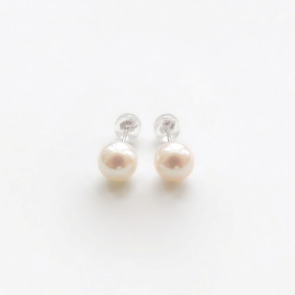 日本純 14K 白金優質淡水珍珠貼耳耳環 6.5-7mm 第1張的照片