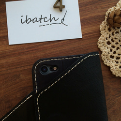 現品限り《送料無料》iPhone7case ヌメ牛革  手縫い 手染めBlack  写真が撮りやすい手帳型* 4枚目の画像