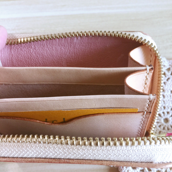 （現品限り）イタリアンレザーヌメ革 手縫い  L字ファスナー財布 手染めピンク 5枚目の画像