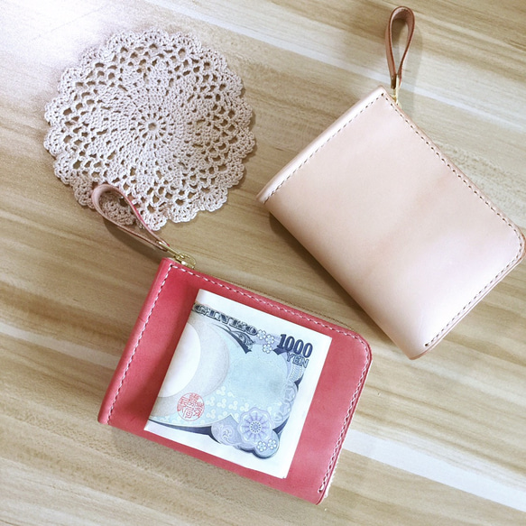 （現品限り）イタリアンレザーヌメ革 手縫い  L字ファスナー財布 手染めピンク 8枚目の画像