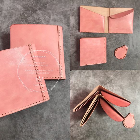 Sakura-colour minimum wallet /桜色手染め手縫いぺったんこ革財布 6枚目の画像