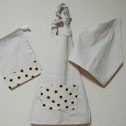子供 エプロン･三角巾･収納袋 3点セット ヒッコリー風 アメリカン カジュアル 1枚目の画像