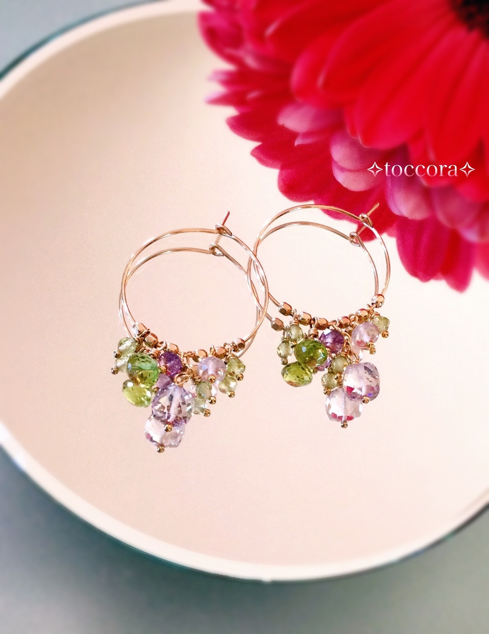 天然石と14kgf∗*ﾟフープピアス〜ピンクアメジストとペリドット〜