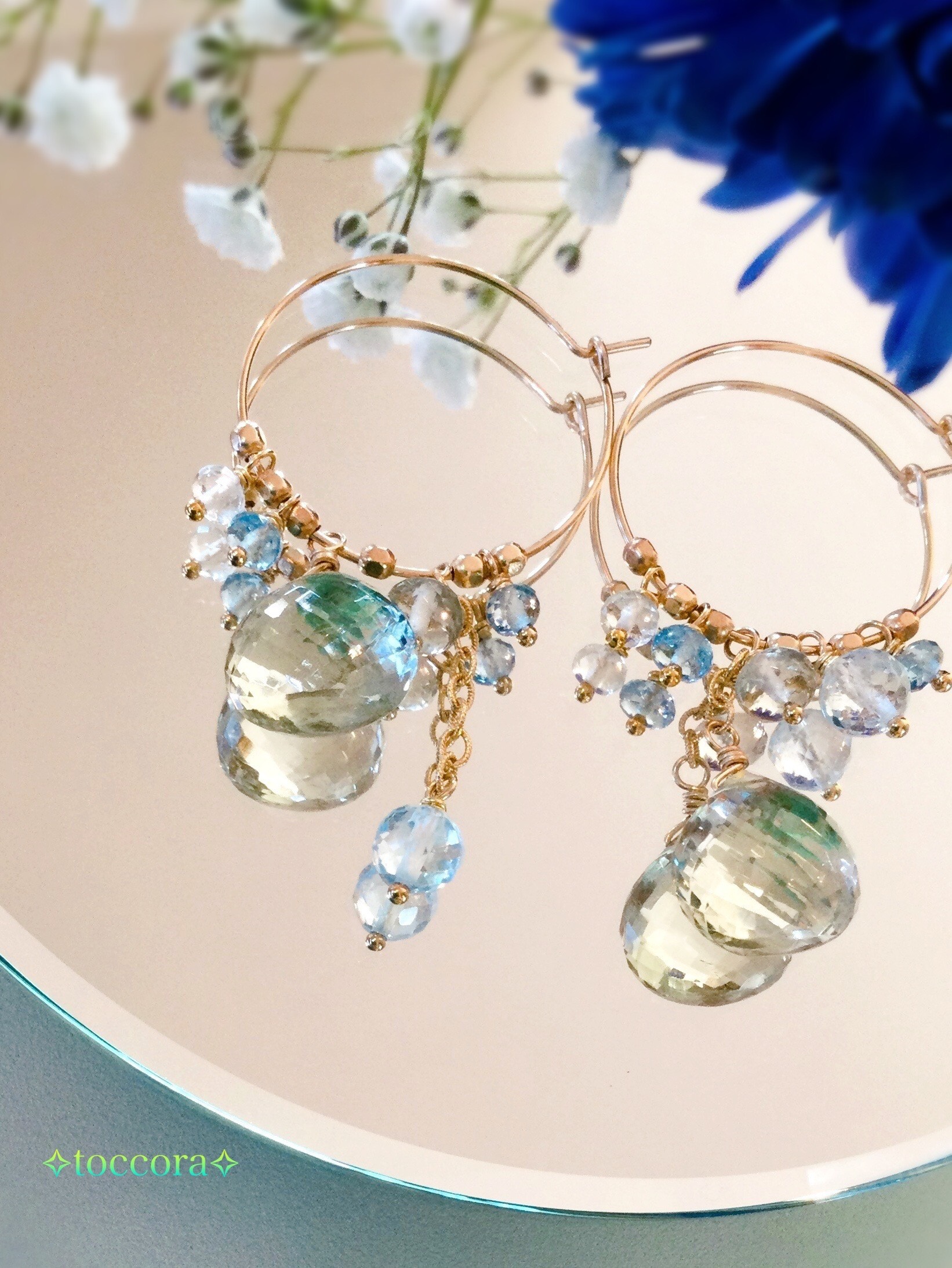 送料無料 天然石と14kgf∗*ﾟちょっとアシンメトリーな、海の雫みたいなピアス