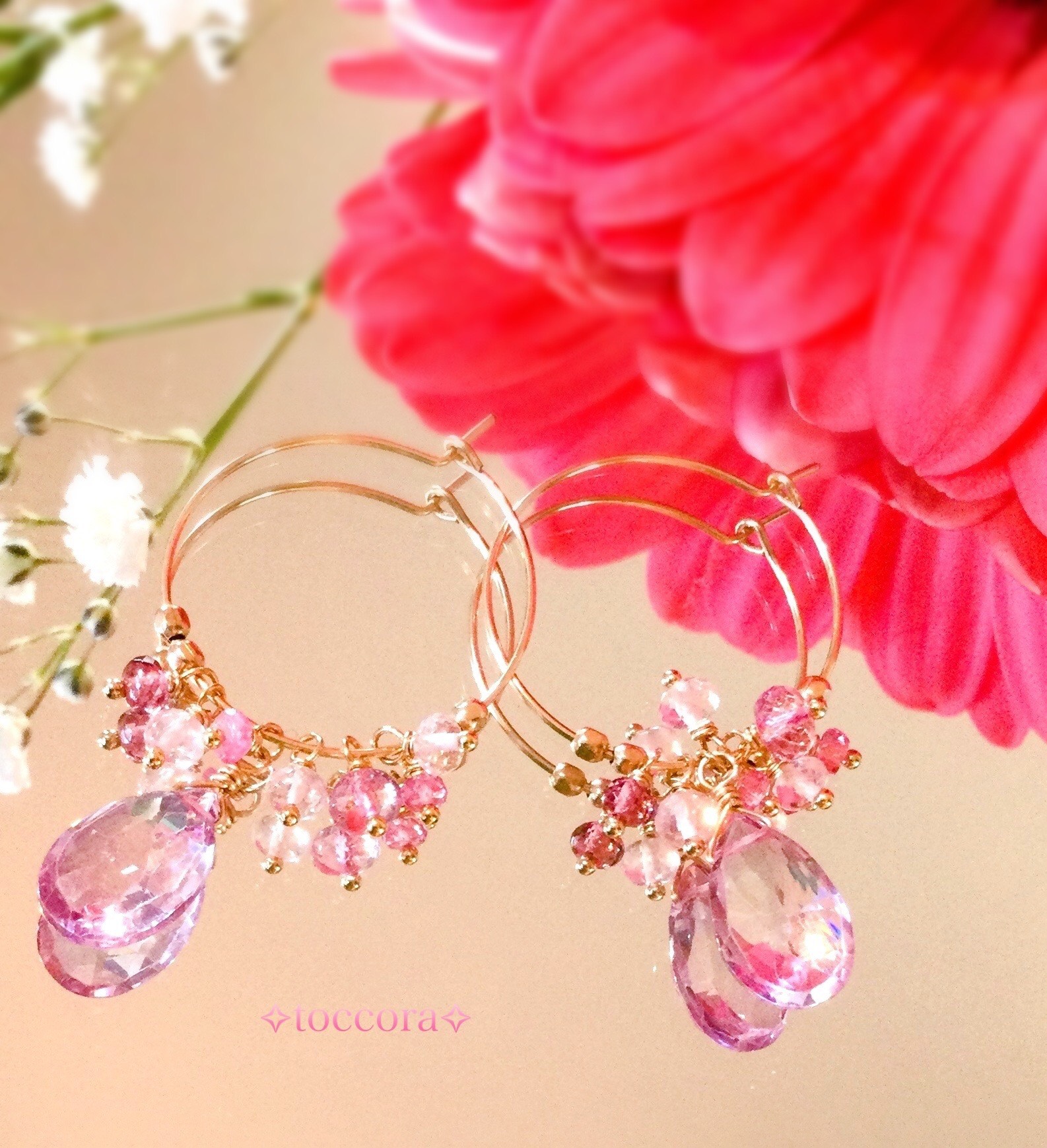 送料無料 天然石と14kgf∗*ﾟフープピアス〜ピンクトパーズとピンクばっかり〜
