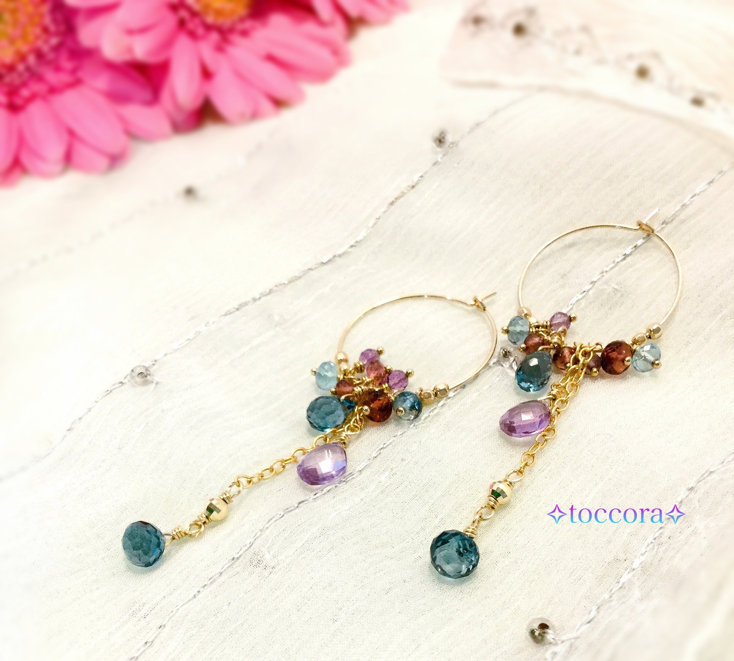 送料無料 天然石と14kgfꕤ*.ﾟアラビアンナイト色の極上フープピアス