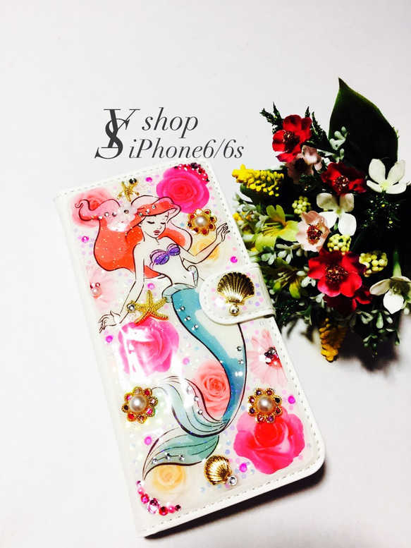 062】押し花風 iPhone6/6s 手帳型 ディズニー アリエル＊ iPhoneケース 