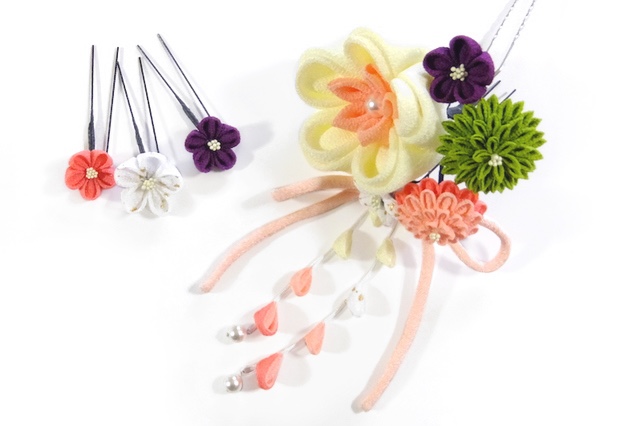 つまみ細工かんざし / 春爛漫　Uピン・リボン付き