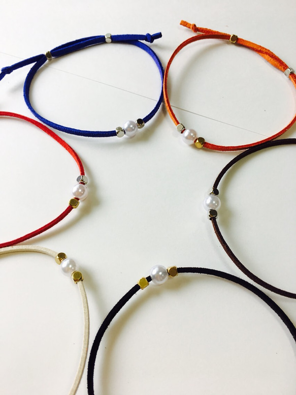 全6色＊2way・suède simple anklet × bracelet〜真鍮×ひと粒パール〜 2枚目の画像