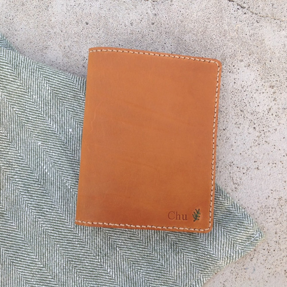 護照套,護照本,手工縫製,真皮.小草刺繡【屆時皮革】棕橘色 第1張的照片