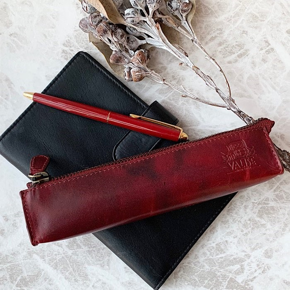 数量限定】英国デザインValise牛革ペンケースII ブラックチェリー