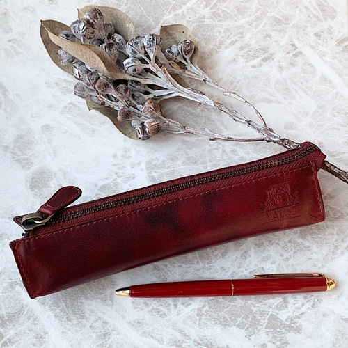 数量限定】英国デザインValise牛革ペンケースII ブラックチェリー