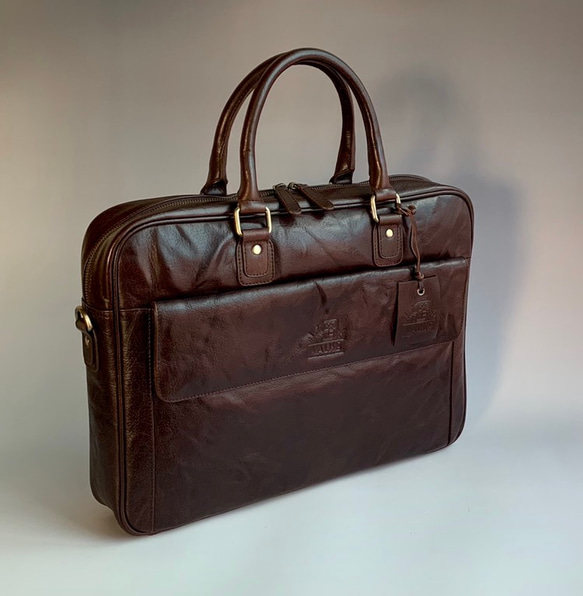 英倫設計牛皮手提包商務手提包桃花心木棕色 第1張的照片