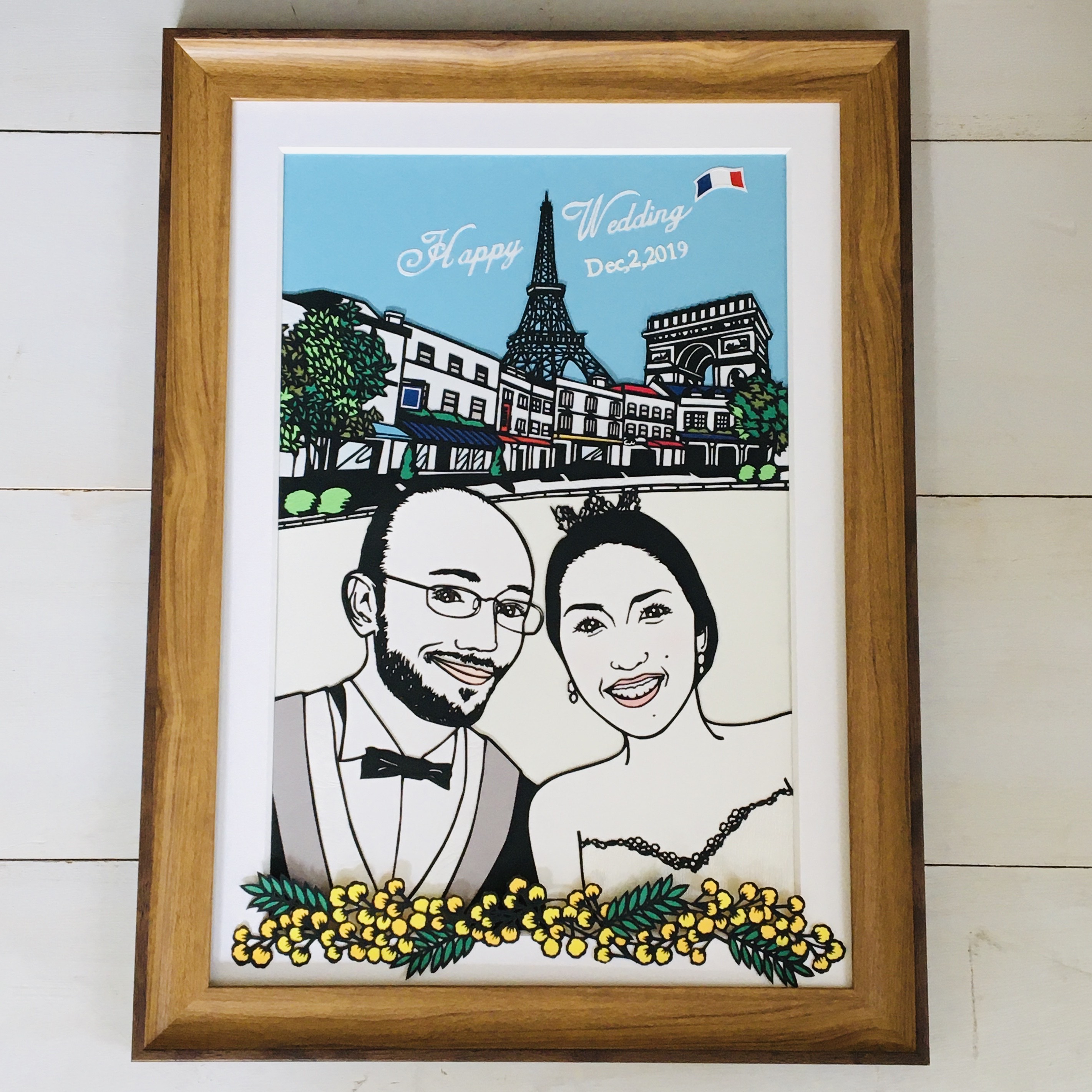 切り絵の似顔絵、ご希望の背景とお花をプラスして