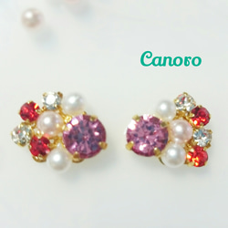 *Pink stone ×Pearl * ビジューイヤリング／ビジューピアス 2枚目の画像