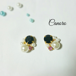 *Black stone ×Pearl * ビジューイヤリング／ビジューピアス 1枚目の画像