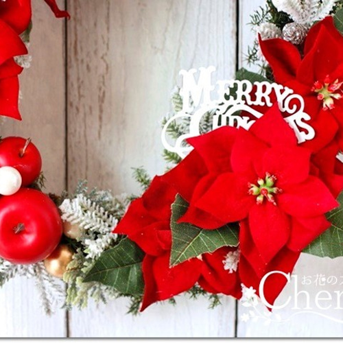 X“masポインセチアとローズのクリスマスリース Creema限定【X'mas】やっぱりこの色！！赤いポインセチのクリスマス