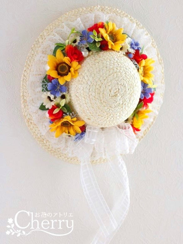 この夏バージョンで登場、ヒマワリが可愛い麦わら帽子の夏飾り。「Creema限定」 2枚目の画像