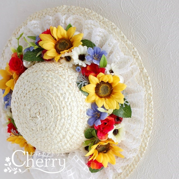 この夏バージョンで登場、ヒマワリが可愛い麦わら帽子の夏飾り。「Creema限定」 3枚目の画像
