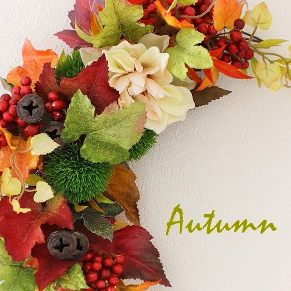 【秋色リース】掛けても置いても楽しめる三日月型の秋飾り。「Creema限定」 7枚目の画像